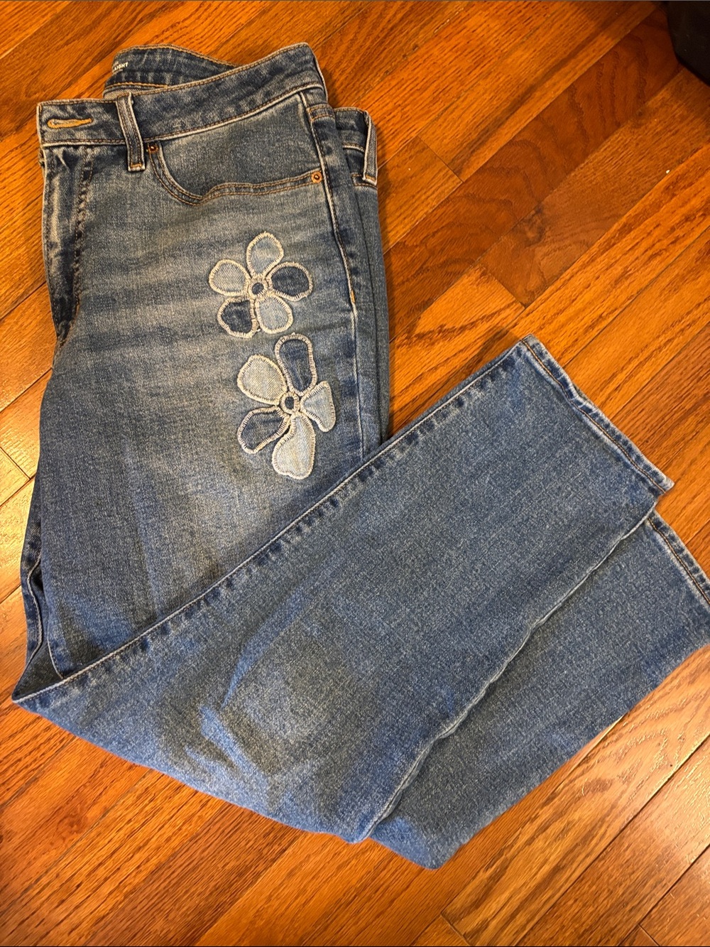 Old Navy Blue Straight Leg Jeans with Floral Appliqué
